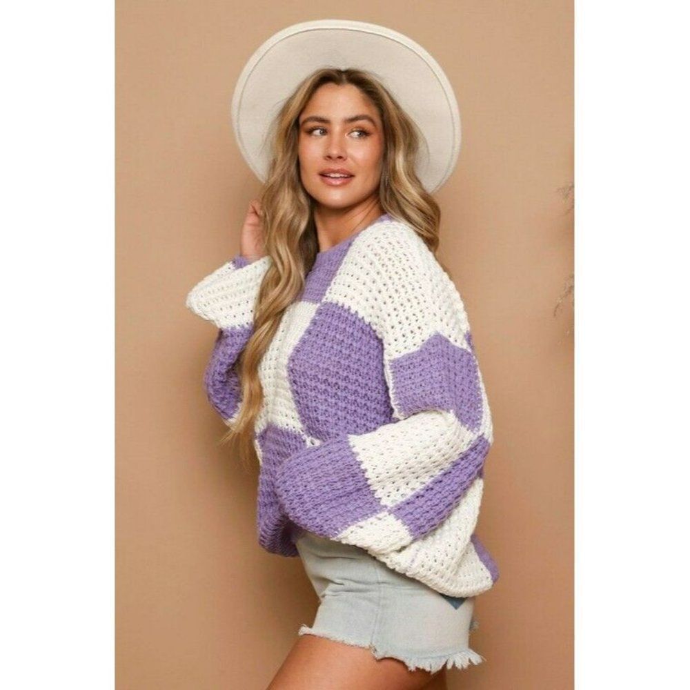 Peach Love Lavender Ivory Big Checkered Color Block Sweater New S-L IKT34329-01